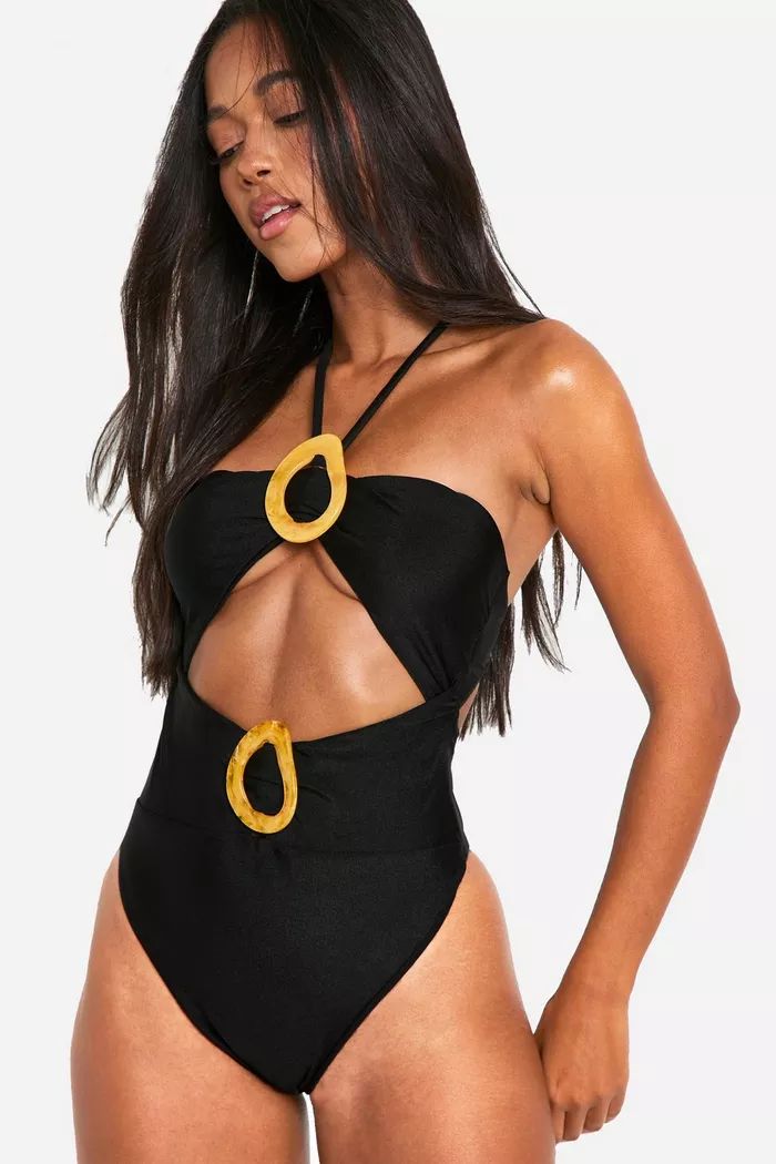 Trim Detail Cut Out Halter Swimsuit | boohoo (US & Canada)