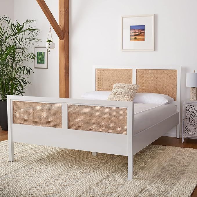 SAFAVIEH Couture Home Collection Kerensa Coastal White/Natural Cane Wood Queen Bed Platform | Amazon (US)