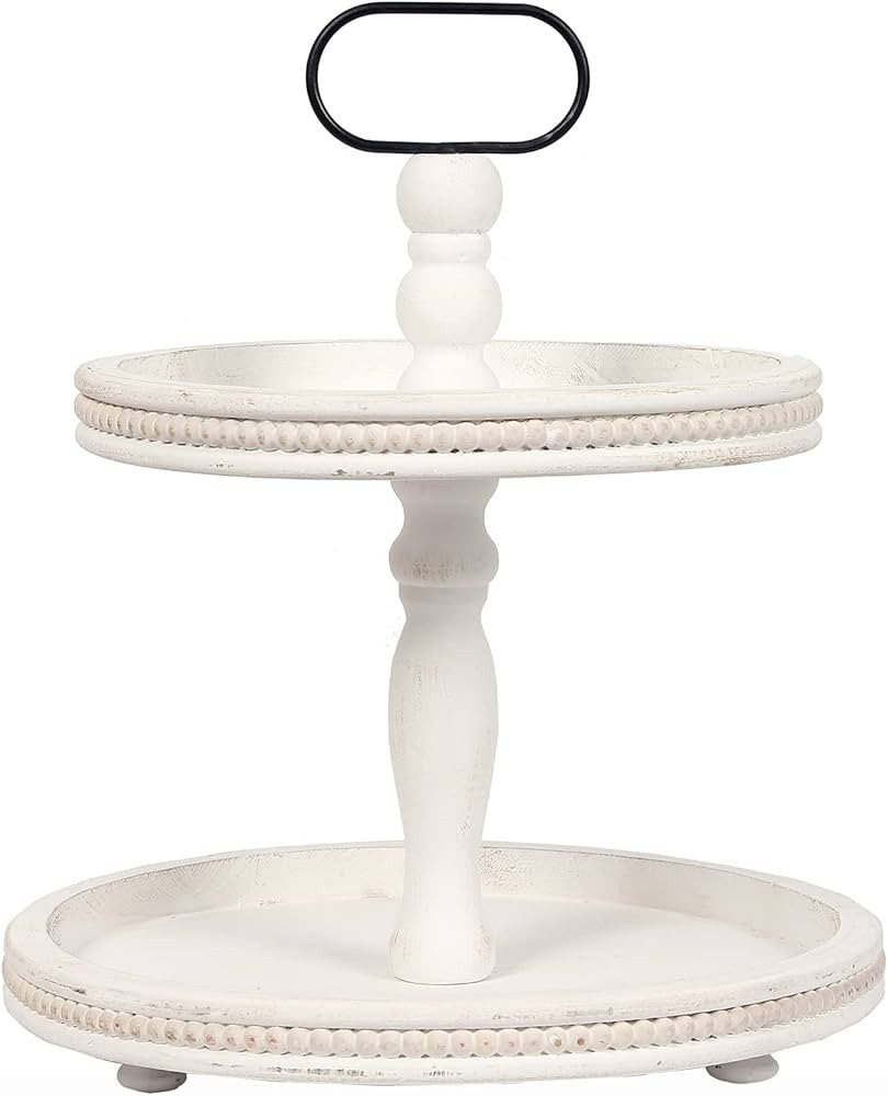 Carah&Cossh Distressed White Wood Tray with Metal Handle, Two Tier Stand with Beads，Farmhouse 2 Tier | Amazon (US)