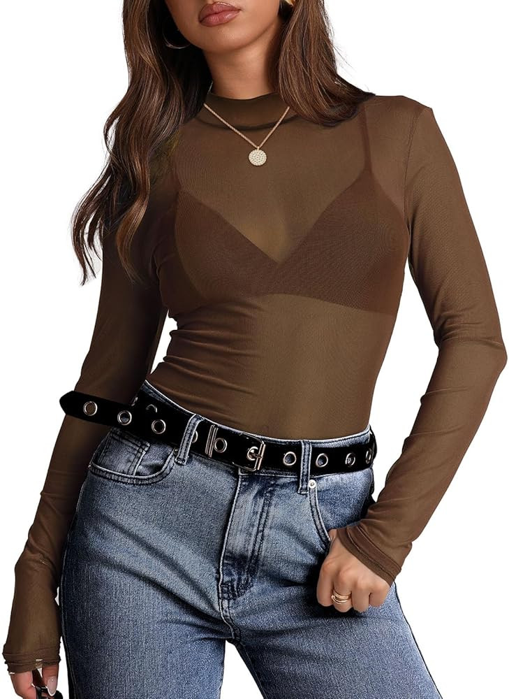 OFEEFAN Womens Long Sleeve Mesh Top See Through Mock Neck Sheer Blouses | Amazon (US)