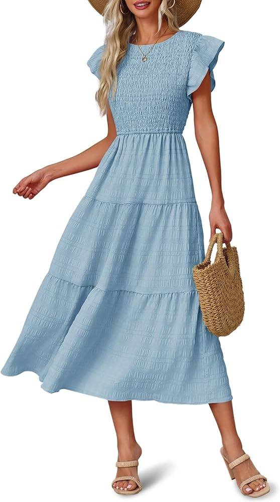 Fisoew Women's Summer Casual Flutter Short Sleeve Crewneck Smocked Flowy Tiered Beach Midi Dress | Amazon (US)