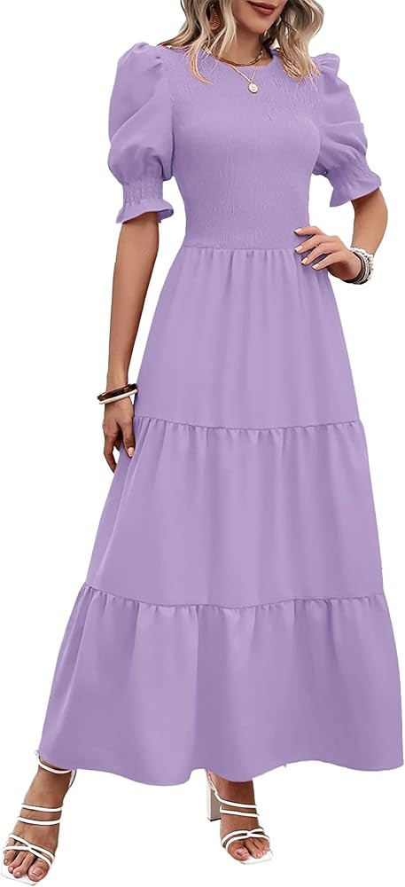 BTFBM Women Casual Summer Dresses 2024 Spring Crew Neck Ruffle Short Sleeve Floral Print Smocked ... | Amazon (US)