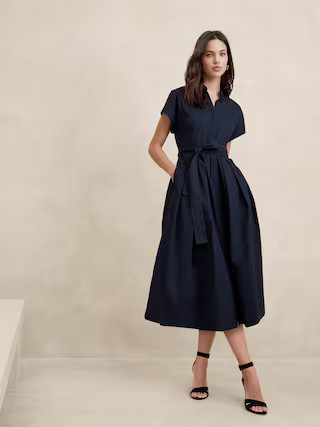 Poplin Tie-Waist Midi Dress | Banana Republic Factory