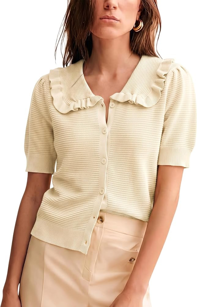 Watashi Womens Ruffle Collar Puff Short Sleeve Cardigan Knit Crop Top | Amazon (US)