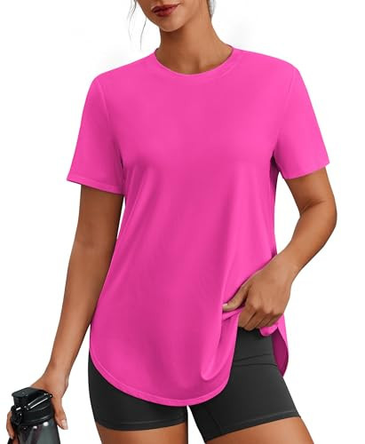 PINSPARK Workout Shirts Women Short Sleeve Gym Clothes UPF 50+ Athletic Tops Soft Exercise Running T-Shirt Activewear, Neon Pink Large | Amazon (US)