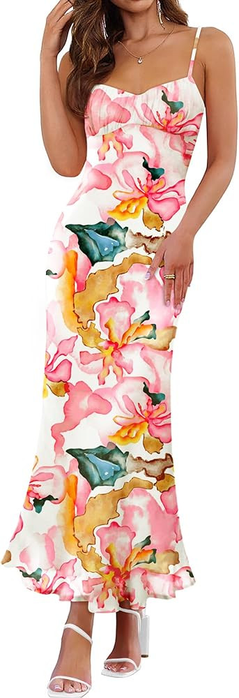 ZESICA Womens Summer Floral Spaghetti Straps Maxi Dress 2025 Sleeveless Square Neck Bodycon Beach... | Amazon (US)