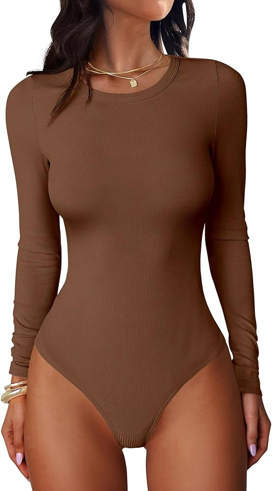 ANRABESS Women Long Sleeve Crew Neck Bodysuits Top 2025 Fall Slim Fit Ribbed Knit Soft Basic Tee ... | Amazon (US)