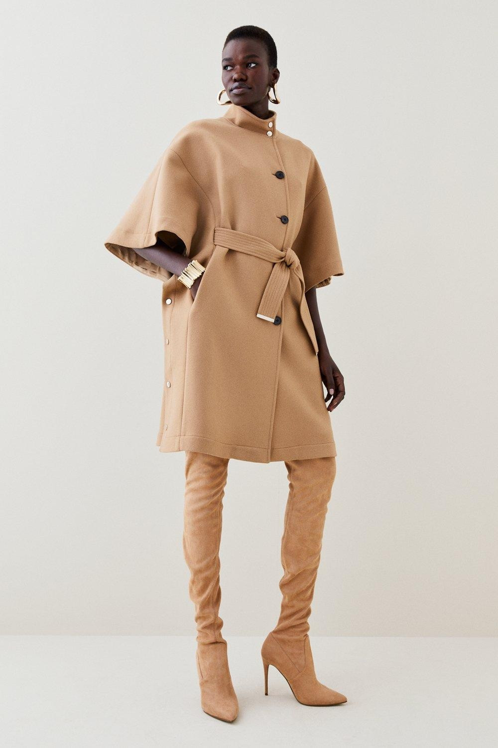 Italian Wool Funnel Collar Cape Coat | Karen Millen US