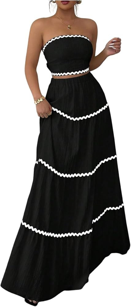 Floerns Women's 2 Piece Vacation Outfit Bandeau Tube Top and Flowy Maxi Skirt Set | Amazon (US)