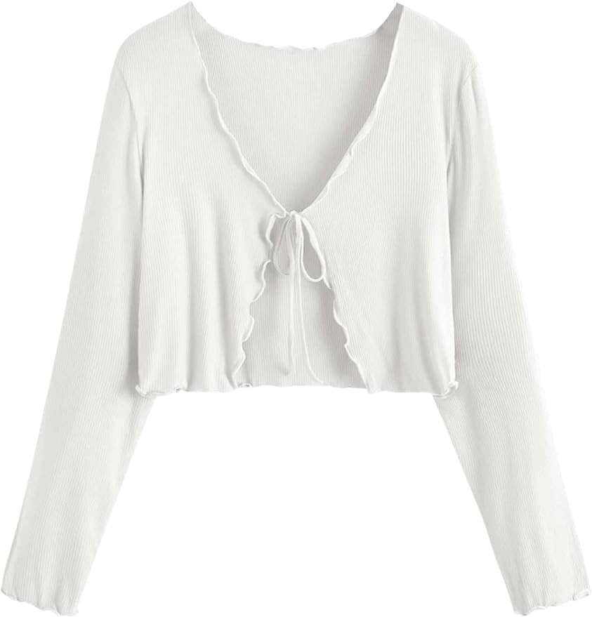 Floerns Women's Plus Size Long Sleeve Rib Knit Tie Front Cropped Cardigan | Amazon (US)