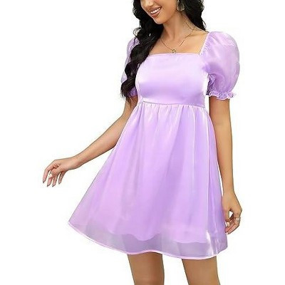 Womens Short Puff Sleeve Square Neck Puffy Dress Babydoll Mesh Mini Dress Purple 2XL | Target