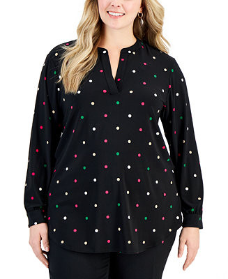 Anne Klein Plus Size Dot-Print Split-Neck Long-Sleeve Top - Macy's | Macy's
