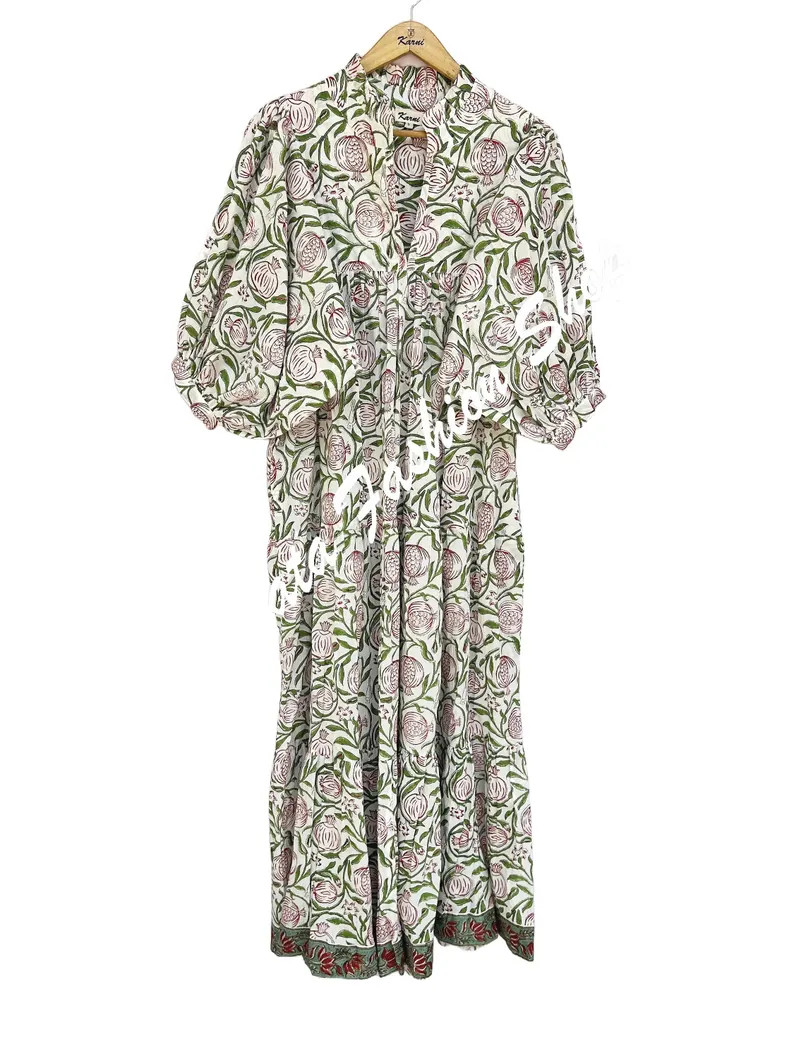summer pomegranate block printed long maxi dress - V neckline with belt bohemian maxi - 3/4th sle... | Etsy (Global)