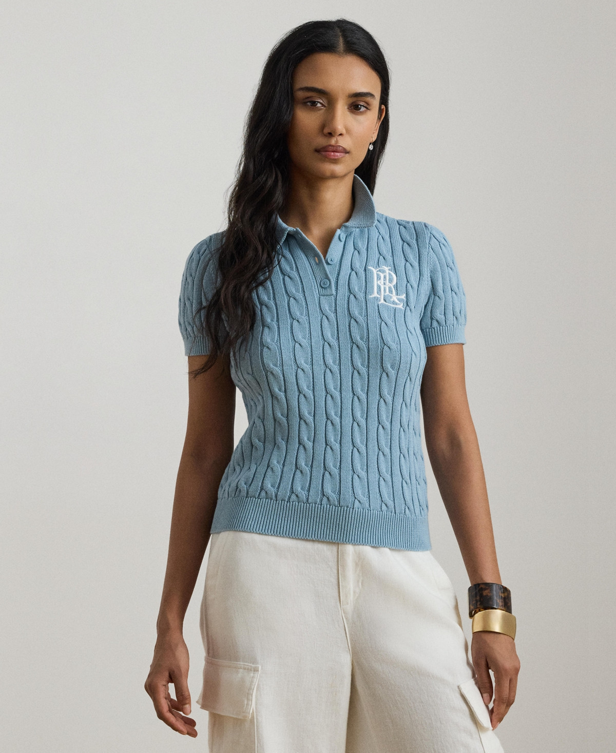 Lauren Ralph Lauren Women's Cable-Knit Polo Shirt - Blue Note | Macy's