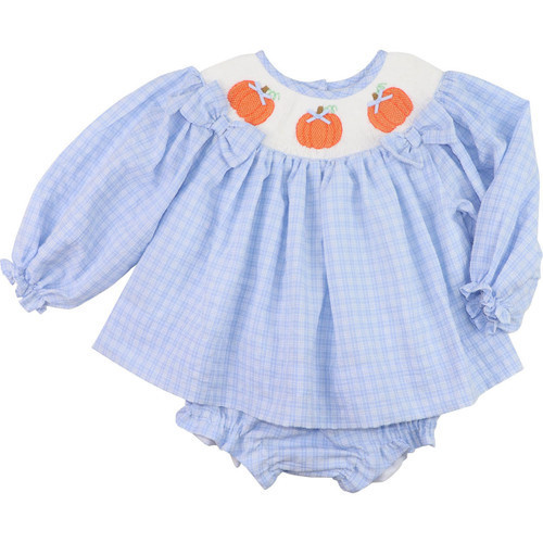 Blue Plaid Smocked Pumpkin Bow Diaper Set - Shipping Late September | Cecil and Lou