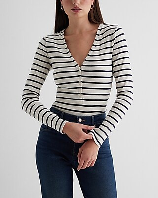 Striped Fitted Ribbed V-Neck Henley Bodysuit | Express