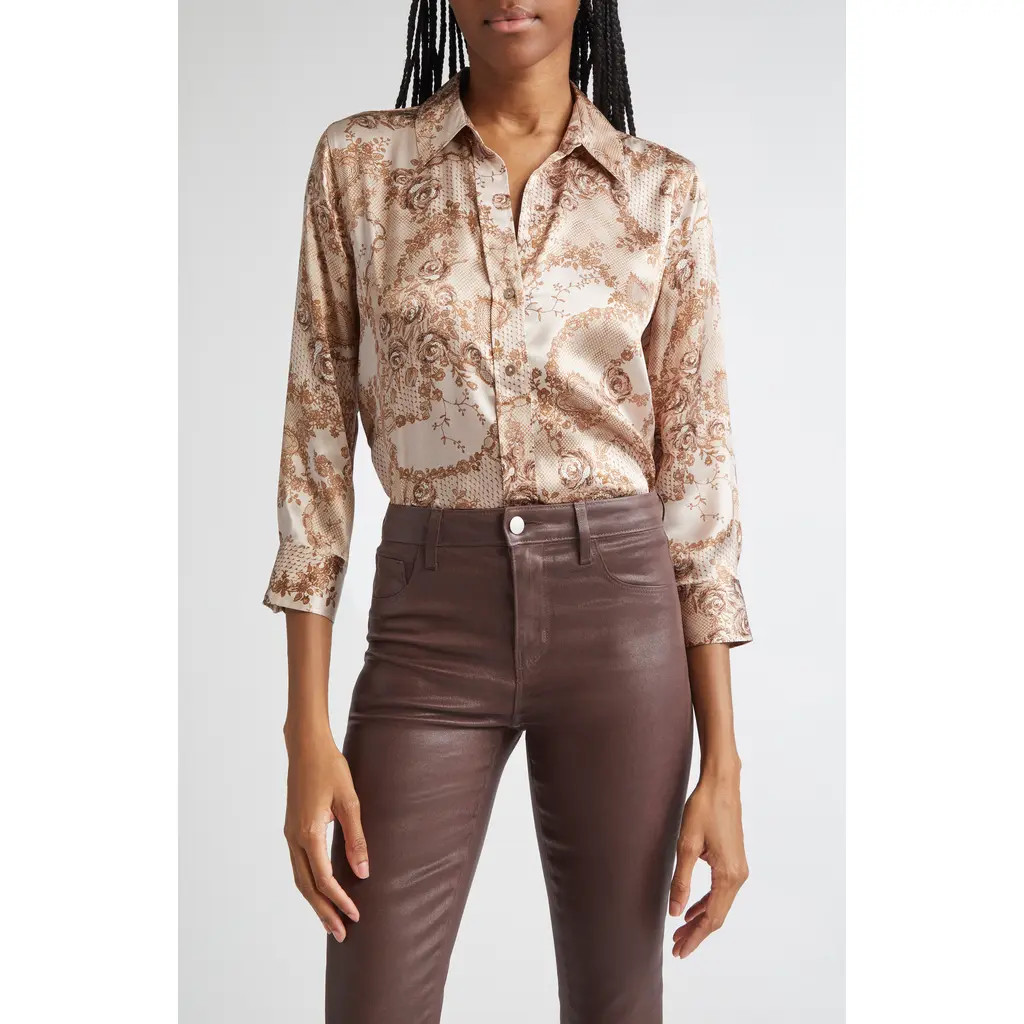 L'AGENCE Dani Lace Print Three-Quarter Sleeve Silk Button-Up Shirt in Toasted Almond Lace Print at Nordstrom Rack, Size Large | Nordstrom Rack