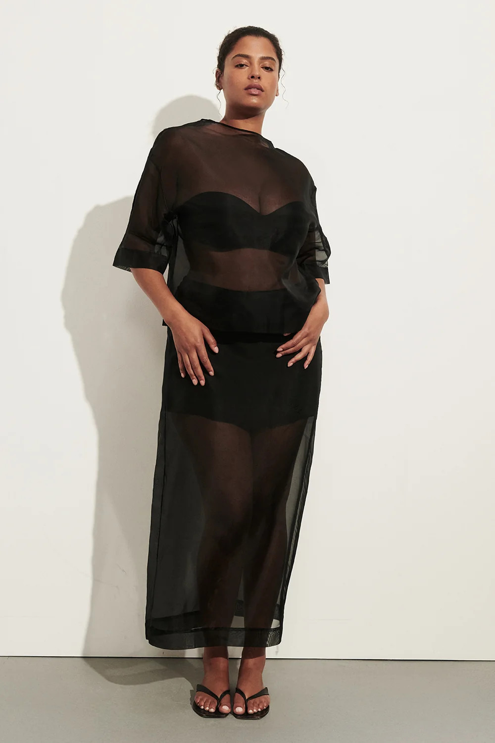 Sian Black Silk Organza Midi Skirt | DISSH
