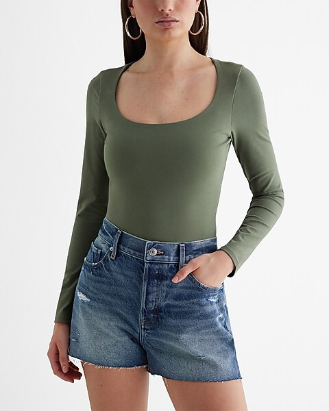 Body Contour Stretch Cotton Scoop Neck Long Sleeve Bodysuit | Express