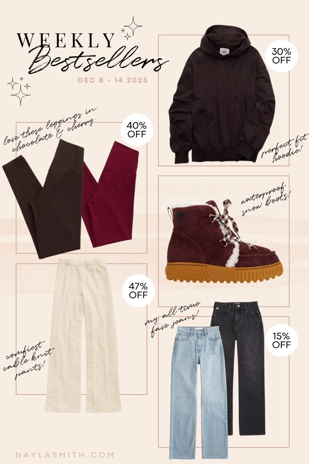 Weekly Bestsellers Dec 8-14 • my fave leggings in chocolate brown & cherry red (I wear my usual size L), the comfiest cable knit pants (TTS, I wear L, but they run long), chocolate brown hoodie (runs big, I sized down to M), my all time fave jeans (I wear 32, could do 31 but I like a looser fit), Sorel waterproof winter boots (size up if you plan to wear thick socks).
Winter fashion, cozy gift ideas for her


#LTKwinter #LTKshoes #LTKsale