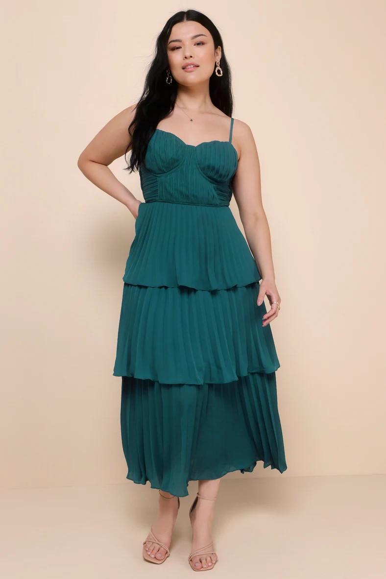 Cascading Crush Emerald Tiered Bustier Midi Dress | Lulus