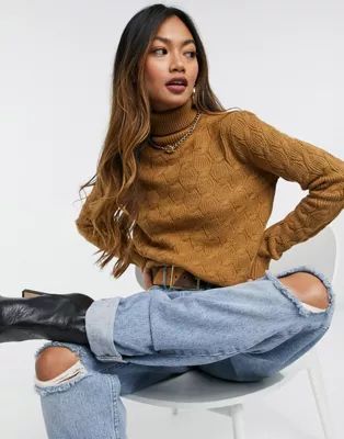 Vero Moda cable knit sweater with turtle neck in tan | ASOS (Global)