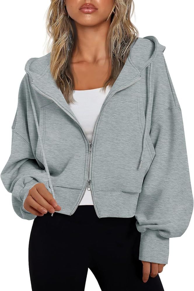 Fisoew Women's Crop Zip Up Hoodies Casual Long Sleeve Hooded Cropped Sweatshirts with Pockets | Amazon (US)