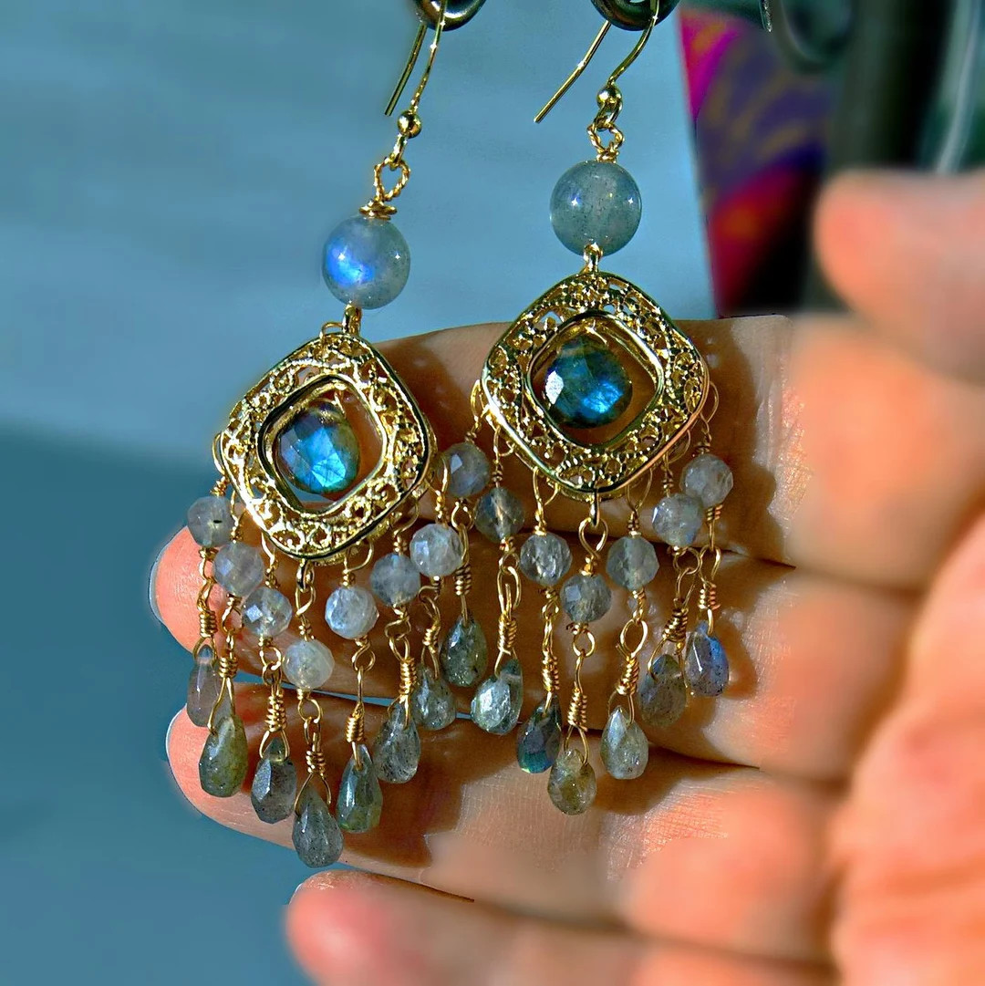 Handmade Labradorite Chandelier Earrings: 18K Gold Plated Gemstone Dusters | Etsy (US)