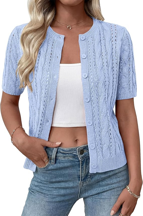 MASCOMODA Women Summer Cable Knit Crochet Cardigan Sweaters Casual Button Short Sleeve Sweater Cu... | Amazon (US)