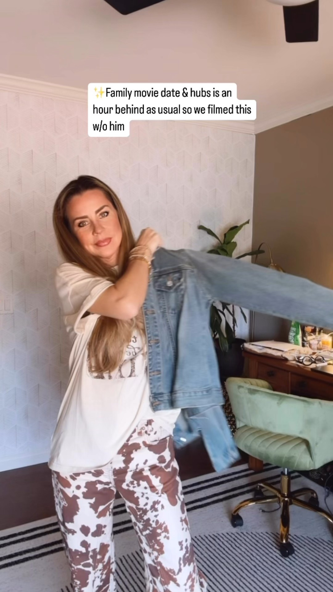 Love these cow print pants by Free People😍  I’m wearing size 24 and small in jean jacket and shirt. 

#LTKPetite #LTKSeasonal #LTKFindsUnder50