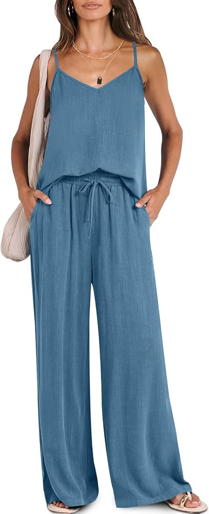 ANRABESS Women's 2 Piece Linen Lounge Set Casual Matching Pants Jumpsuit Summer Beach Travel Vaca... | Amazon (US)