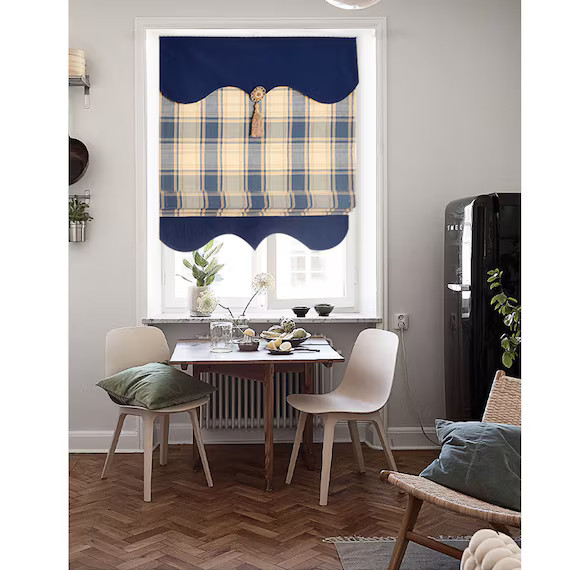 Valance Custom Classic roman shade made, washable Cotton linen blue and fold with cord | Etsy (US)