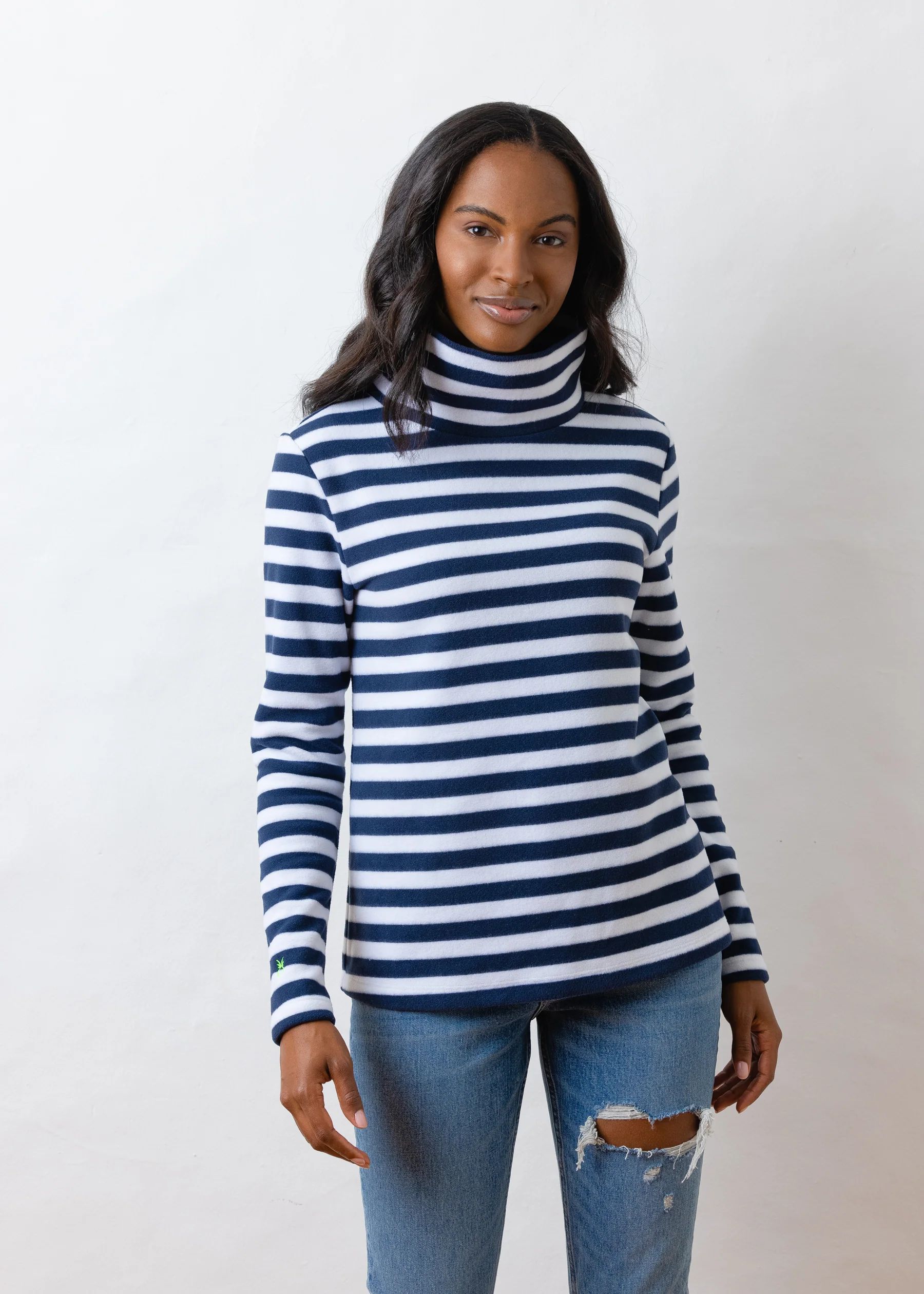 Greenpoint Turtleneck in Striped Fleece (Navy / White) | Dudley Stephens