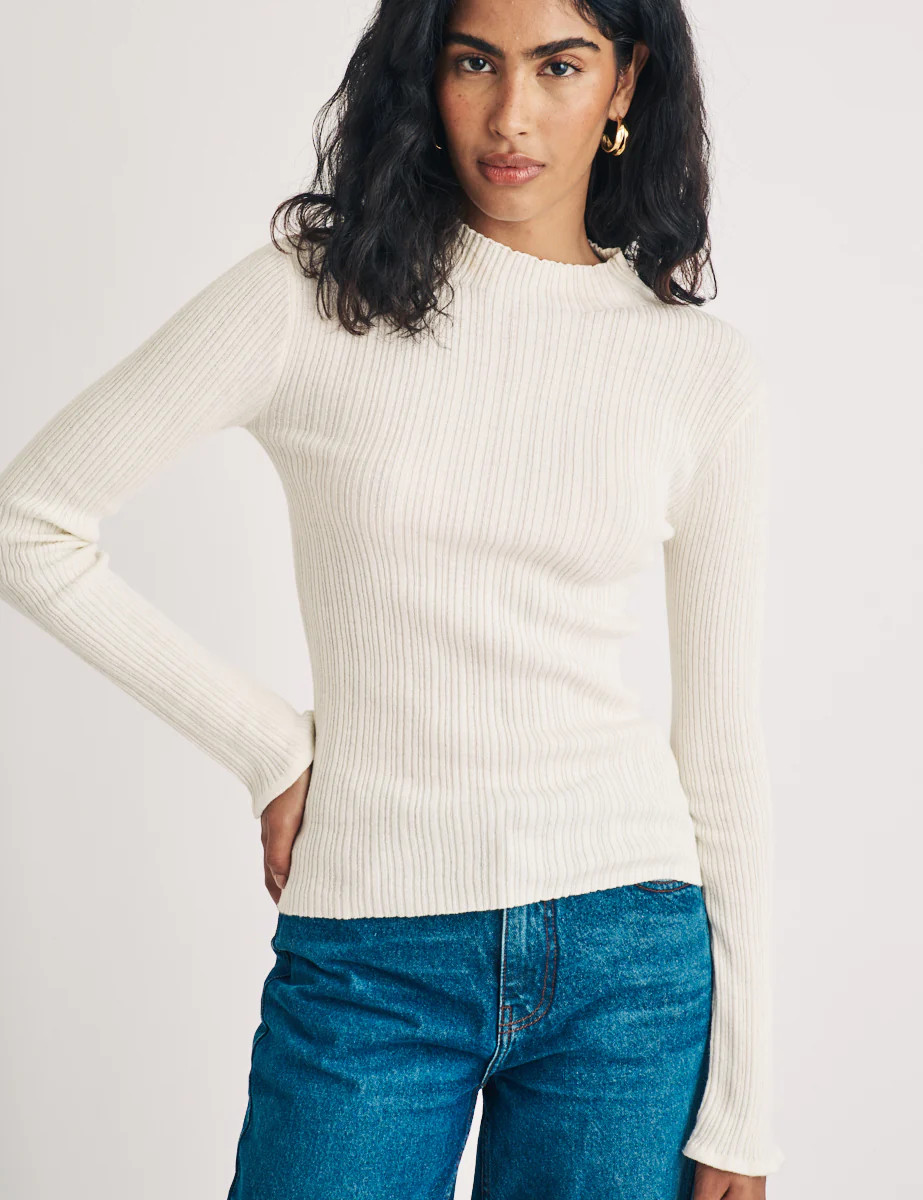 Cream Funnel Neck Wool Blend Ribbed Top | Nobody's Child