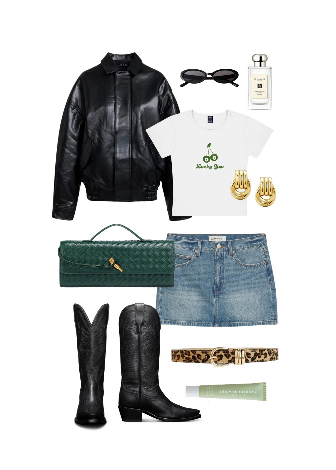 st patrick's day outfit inspo with black leather bomber jacket, cute lucky you baby tee, bottega purse dupe, denim mini skirt and leopard print belt, black cowboy boots, and summer fridays lip balm; girly st patricks day outfit inspo

#stpatricksday #goingoutoutfit #springoutfit #cowboyboots

#LTKFindsUnder100 #LTKShoeCrush #LTKSeasonal