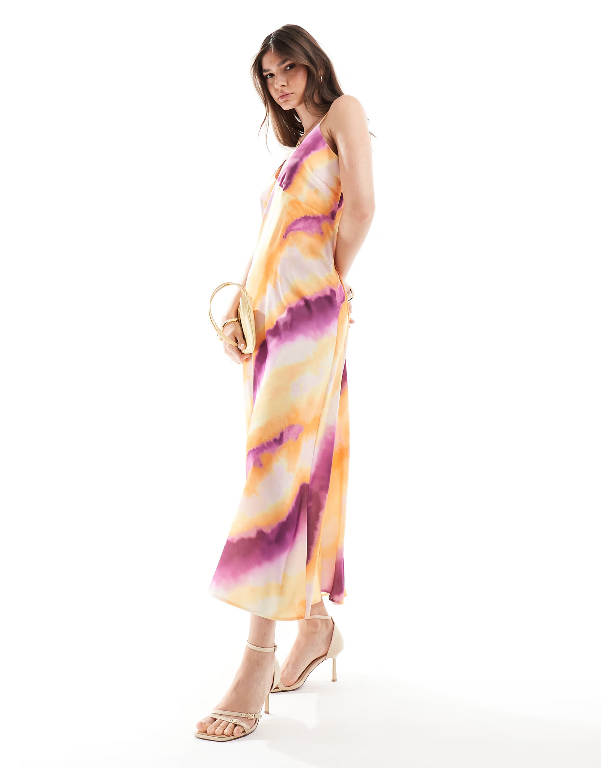 Y.A.S satin v neck maxi dress in sunset watercolour stripe | ASOS (Global)