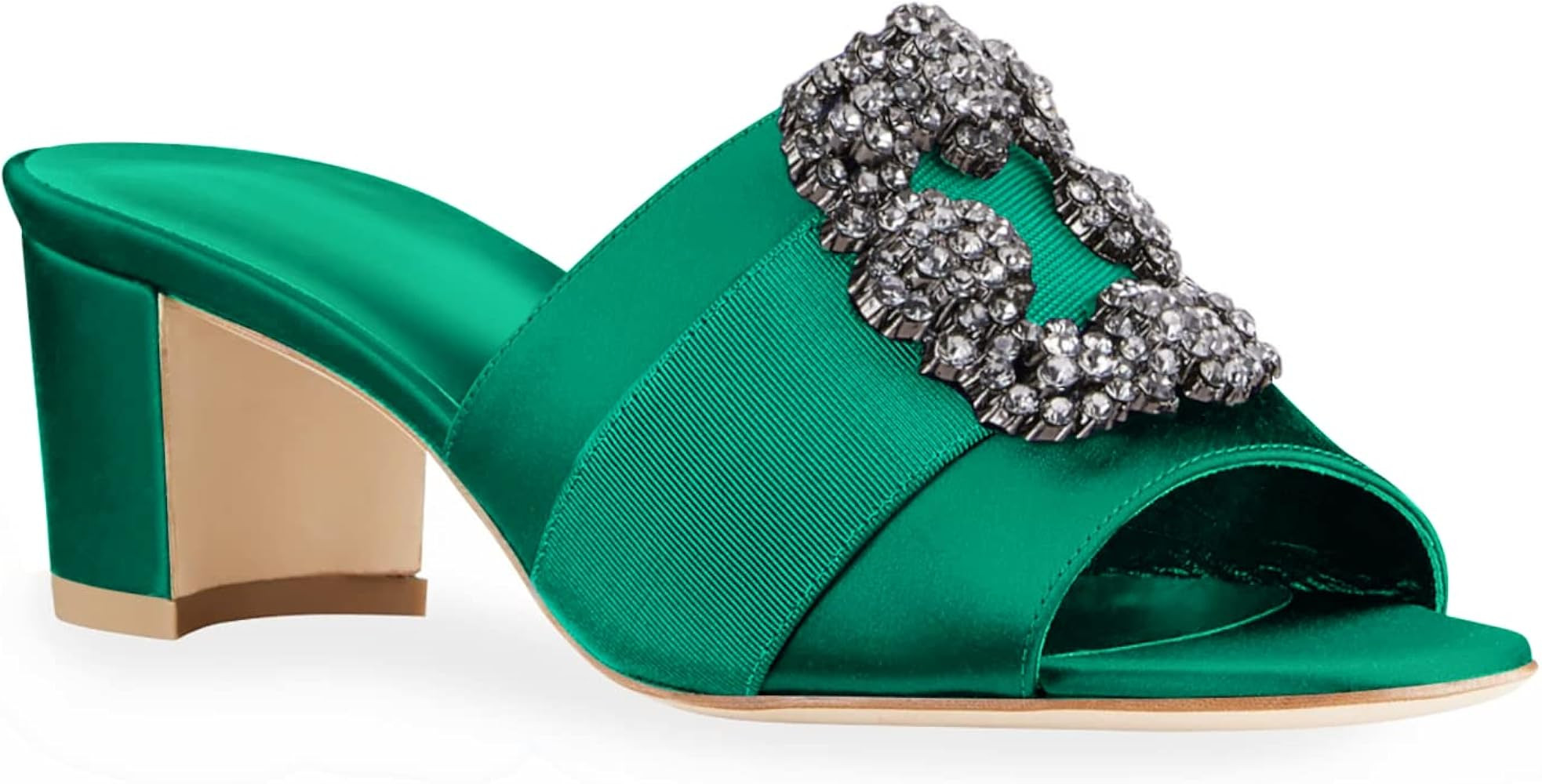 Womens Chunky Block Heel Mules Dressy Sandals Open Toe Rhinestone Jeweled Low Heeled Wedding Slid... | Amazon (US)
