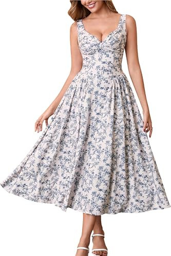 Auraxe Floral Corset Midi Dress V Neck Flowy Milkmaid Sundress Long Beach Wedding Guest Dresses for Women 2026 Bluefloral | Amazon (US)