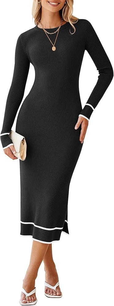 HAEOF Womens 2024 Long Sleeve Bodycon Sweater Dress Ribbed Knit Crewneck Trendy Side Slit Fall Wi... | Amazon (US)