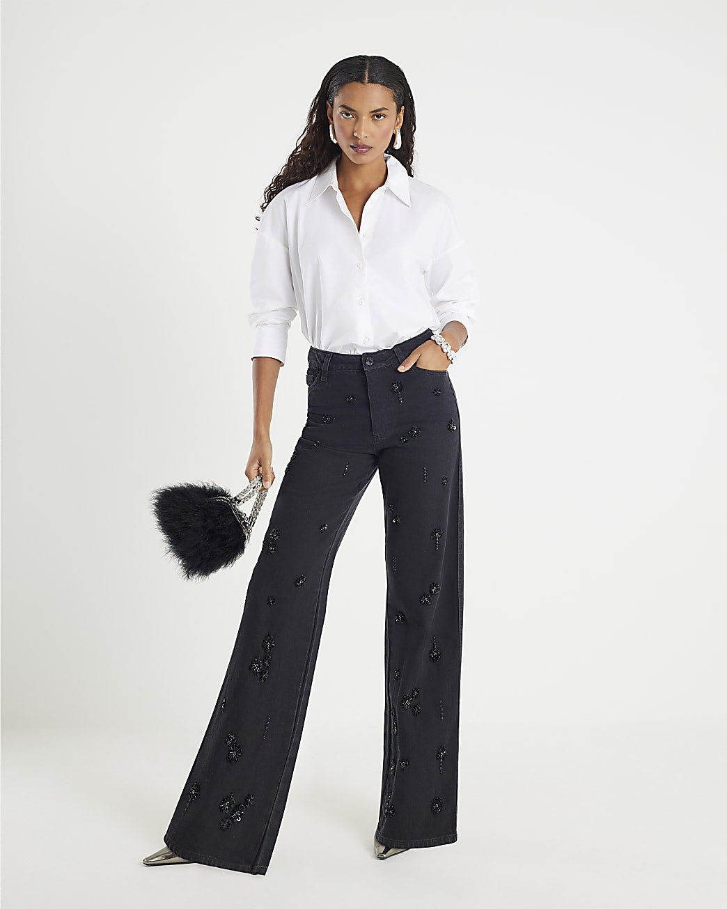 Black Relaxed Straight Embellished Jeans | River Island UK & IE