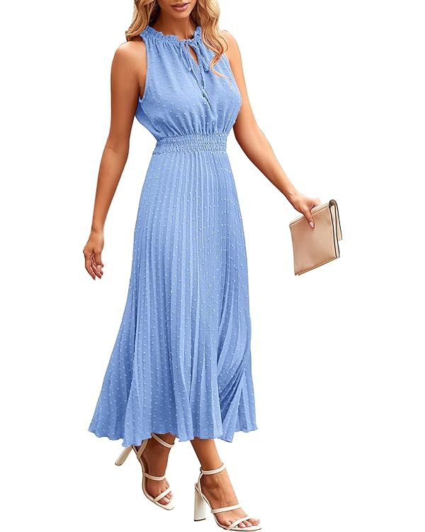 PRETTYGARDEN Women's Midi Summer Dresses Casual V Neck Swiss Dot Ruffle Sleeveless A Line Beach S... | Amazon (US)