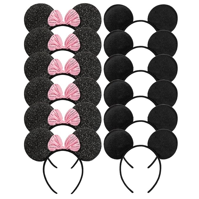 CHuangQi Mouse Ears Solid Black and Pink Sequins Bow, Set of 12 | Amazon (US)