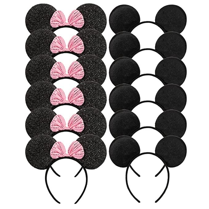 CHuangQi Mouse Ears Solid Black and Pink Sequins Bow, Set of 12 | Amazon (US)