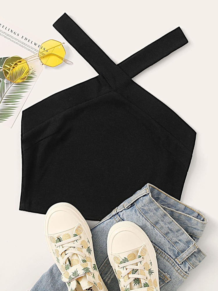 SHEIN EZwear Solid Rib-knit Criss-cross Halter Top | SHEIN