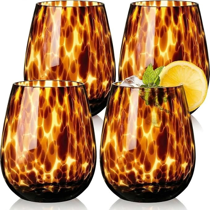 Tortoise Shell Stemless Wine Glasses Set of 4, Brown Decorative Tumbler Cups for Wine & Drinks，... | Amazon (US)
