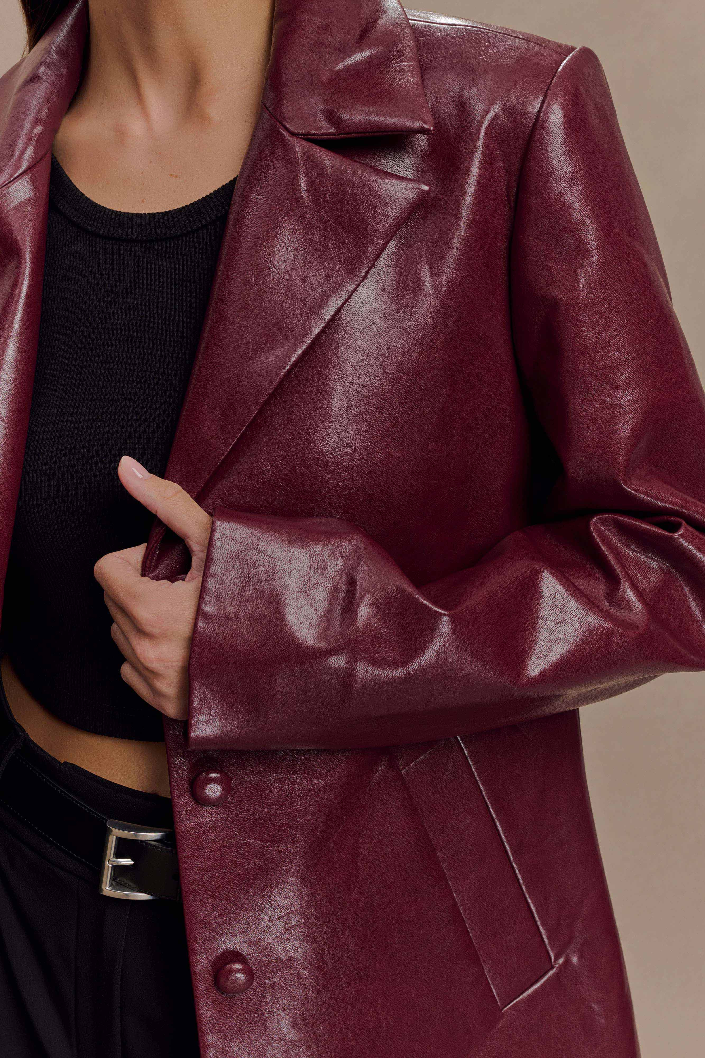 Deborah Faux Leather Coat - Cherry Red | MESHKI US