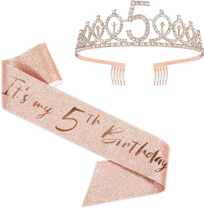 BRT Bearingshui Rose Gold Crown 5 & Fabulous Sash and Tiara for Girls, Gifts for Happy 5th Birthd... | Amazon (US)