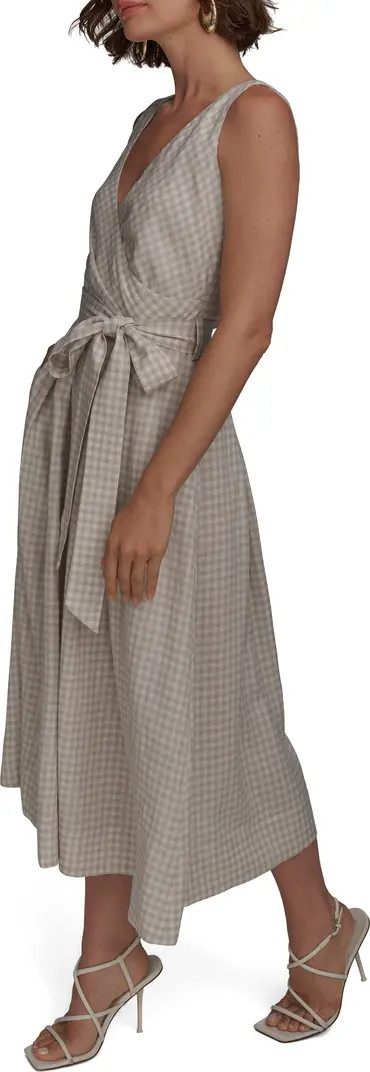 Gingham Linen Blend Faux-Wrap Midi Dress | Nordstrom