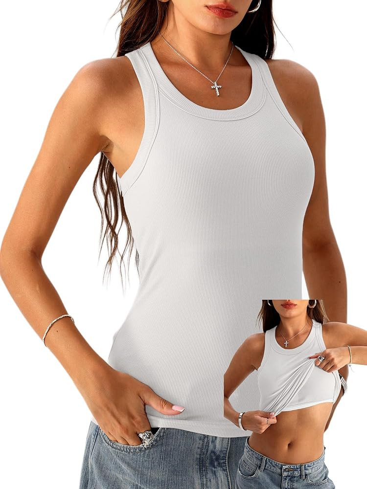 Danysu Racerback Tank Tops with Built in Bra for Women High Neck Ribbed Basics Fitted Long Bra Ta... | Amazon (US)
