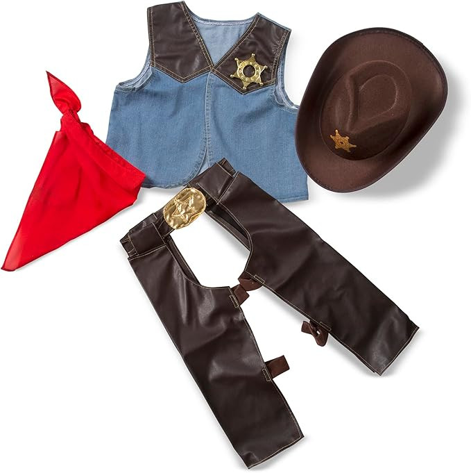 Melissa & Doug Cowboy Role Play Costume Set (5 pcs) - Includes Faux Leather Chaps - Cowboy Dress-... | Amazon (US)